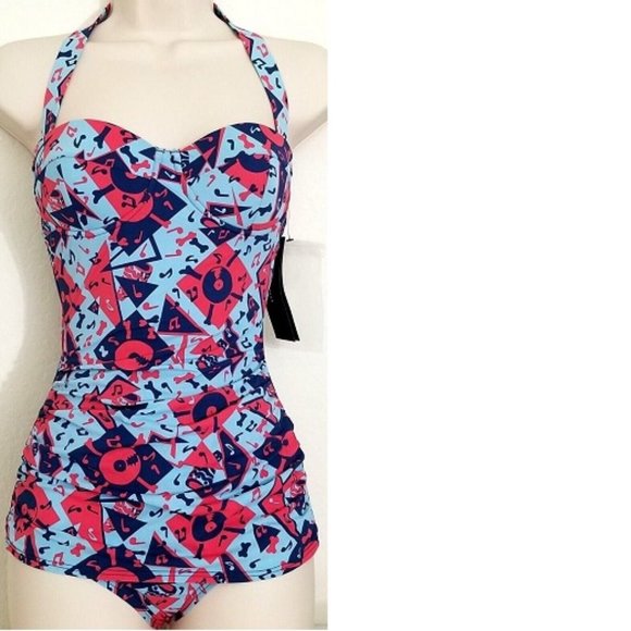 MARC JACOBS 1PC BONES & MUSIC NOTES SKIRTED BANDEAU BACK ZIP SWIMSUIT XS NWT! - Picture 1 of 9